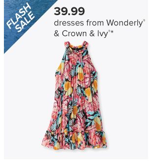 39.99 dresses from Wonderly and Crown and Ivy. Image of a pink, blue and orange dress. 