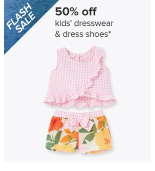 50% off kids' dresswear and dress shoes. Image of a pink girls' set. 