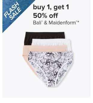 Buy one, get one 50% off Bali and Maidenform. Image of various underwear. 