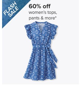 60% off women's tops, pants and more. Image of a blue dress. 