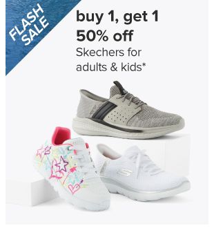 Buy one, get one 50% off Skechers for adults and kids. Image of various sneakers. 