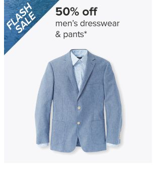 50% off men's dresswear and pants. Image of a blue sport coat over a blue shirt. 