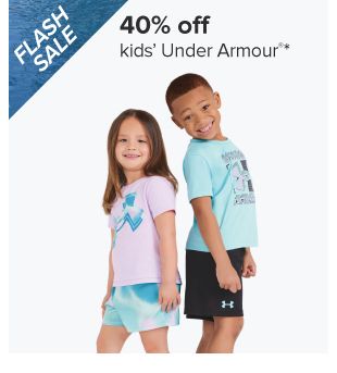 40% off kids' Under Armour. Image of two kids in shorts and t-shirts. 