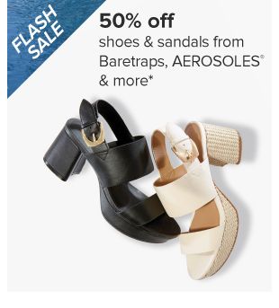 50% off shoes and sandals from Baretraps, Aerosoles and more. Image of a white heeled shoe and a black shoe. 