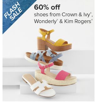 60% off shoes from Crown and Ivy, Wonderly and Kim Rogers. Image of various sandals. 