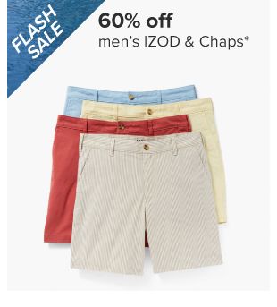 60% off men's Izod and Chaps. Image of various shorts. 