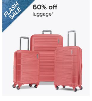60% off luggage. Image of a red rolling luggage set. 