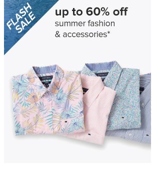 Up to 60% off summer fashion and accessories. Image of shirts with tropical patterns.