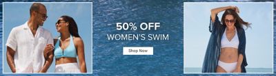 Image of a man wearing a white button down and a woman wearing a bright blue bikini and white shorts. Up to 50% off women's swim. Shop now. Image of a woman wearing a white bikini and blue shawl.