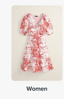 Image of a red and white patterned dress. Shop women.