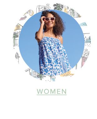 A woman in a blue and white dress. Shop women.