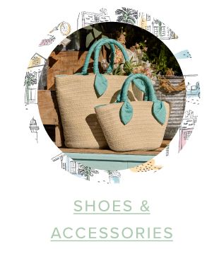 A pair of woven handbags with teal handles. Shop shoes and accessories.