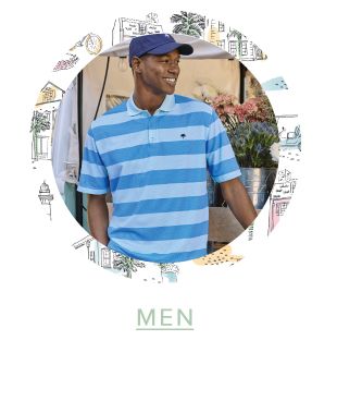 A man in a blue cap and a blue striped shirt. Shop men.