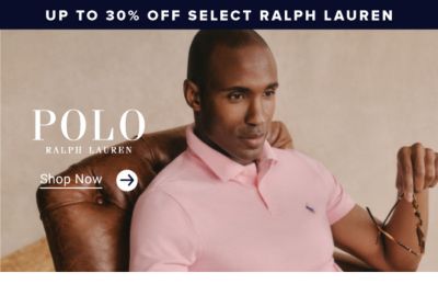 A man in a pink polo shirt. Up to 30% off select Polo Ralph Lauren.