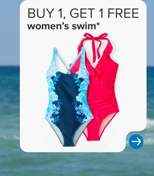 Blue and red one piece swim suits. Buy one, get one free women's swim.