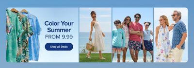 Tropical shirts. A woman in a white dress. A family in beachwear, posing together. A woman in a dress and a man in a blue button up shirt. Color your summer from 9.99. Shop all deals.