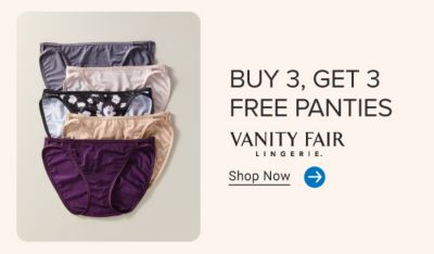 A stack of different colored panties. Buy 3, get 3 free panties. Vanity Fair Lingerie. Shop now.