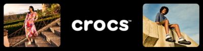 Image of models wearing crocs. Crocs logo.