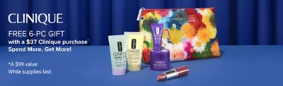 An image of a floral tote and Clinique beauty products. Clinique free six piece gift with a $37 Clinique purchase. Spend more, get more. Shop now. A $99 value. While supplies last.