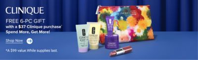 An image of a floral tote and Clinique beauty products. Clinique free six piece gift with a $37 Clinique purchase. Spend more, get more. Shop now. A $99 value. While supplies last.