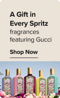 A gift in every spritz. Fragrances featuring Gucci. Shop now. Perfume bottles.