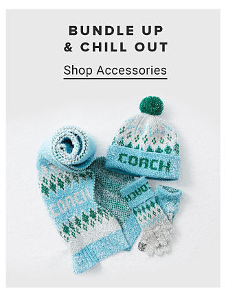 Image of a blue, green and white beanie with the Coach logo on it and a matching scarf. Bundle up and chill out. Shop accessories.