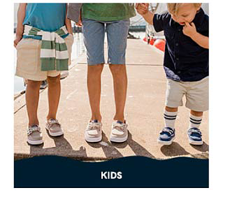 An image of three kids in Sperry shoes. Shop kids. 