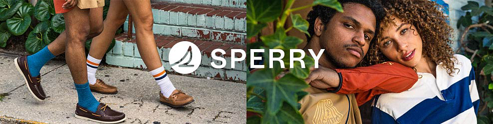 An image of a man and woman walking together wearing Sperry boat shoes with socks. An image of a man and woman wearing Sperry shirts. Sperry. 