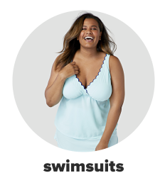 Woman in light blue bathing suit top. Swimsuits. 