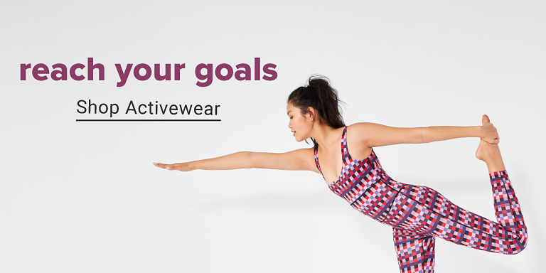 Woman in red and blue patterned activewear. Reach for your goals. Shop Activewear.