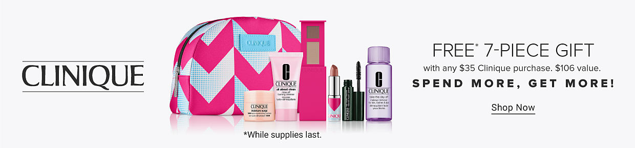 An image of a pink and light blue makeup bag with a variety of Clinique makeup and skincare products in front of it. The Clinique logo. Free 7 piece gift with any $35 Clinique purchase. $106 value. Spend more, get more! Shop now.