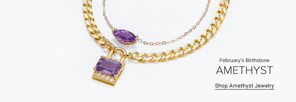 A gold necklace with an amethyst. A gold chain necklace with an amethyst pendant. February's birthstone, amethyst. Shop amethyst jewelry.