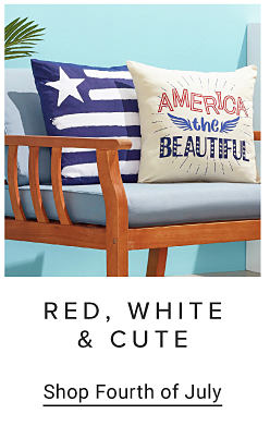 An image of Easter themed throw pillows and a throw blanket on a chair. Make it hoppy. Shop Easter. An image of a chair with Fourth of July themed throw pillows on top. Red, white and cute. Shop Fourth of July.