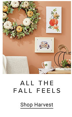 An image of a wall with a pumpkin wreath and a variety of fall decor. All the fall feels. Shop harvest.
