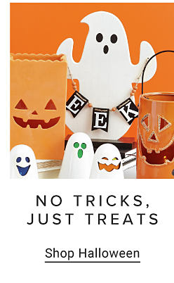 An image of a variety of Halloween themed decor. No tricks, just treats. Shop Halloween.