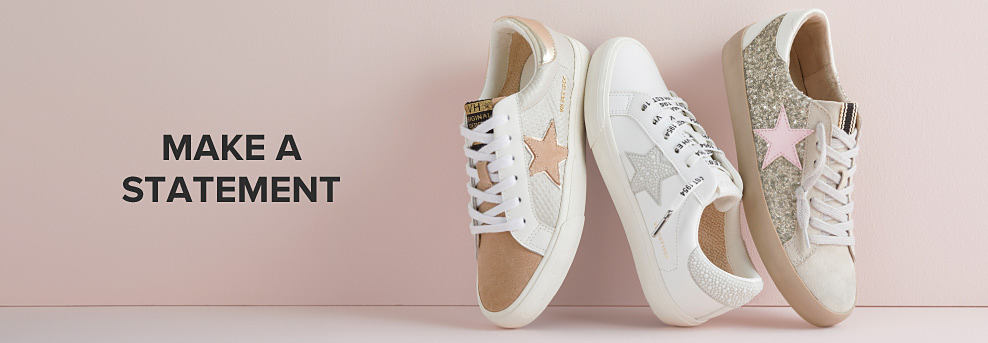 Image of 3 pairs of sneakers with stars and glitter on them. Make a statement. 