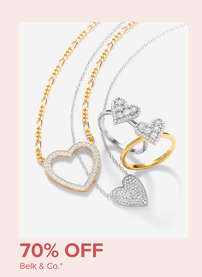 Image of different gold and silver heart shaped jewelry. 70% off Belk and Co.