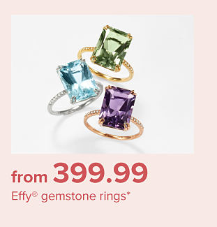 Image of three rings with different gemstones. $399.99 Effy gemstone rings.