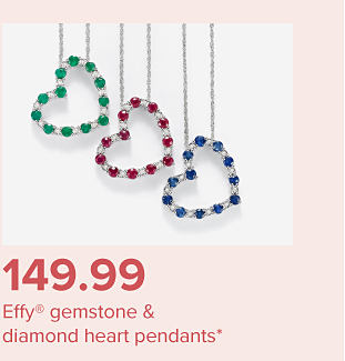 Image of three necklaces with heart charms. $149.99 Effy gemstone and diamond heart pendants.