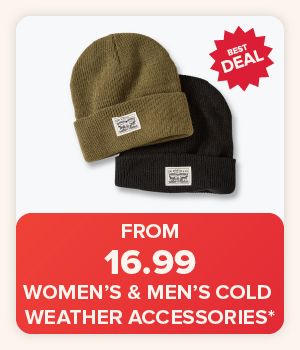 From 16.99 women's and men's cold weather accessories. Various beanies.