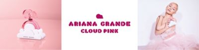 An image of Ariana Grande holding a bottle of fragrance. The Ariana Grande Cloud Pink logo.