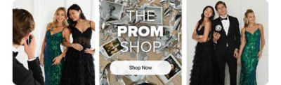 An image of three students dressed up in prom apparel. The Prom Shop. Shop now.