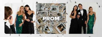 An image of three students dressed up in prom apparel. The Prom Shop. Shop now.