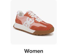 Image of orange sneakers. Shop women. 