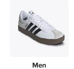 Image of white sneakers with 3 black stripes. Shop men. 