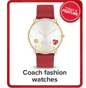 Image of a gold watch with a red strap. Coach fashion watches.