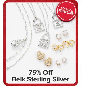 Image of various gold and silver jewelry. 75% off Belk Sterling Silver.