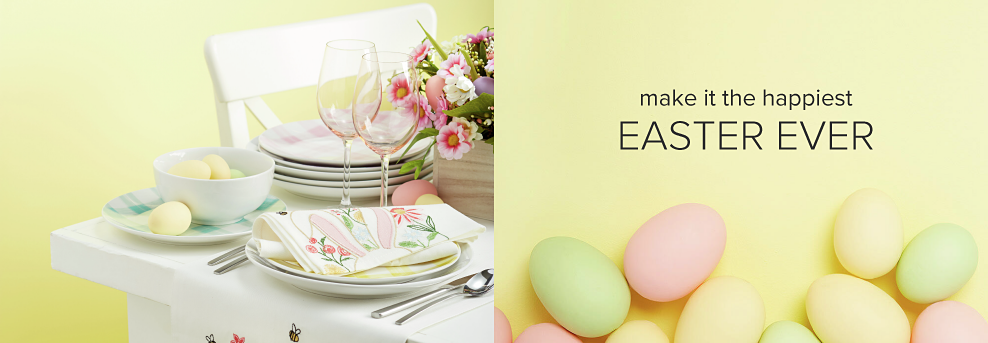 A white table set with a floral centerpiece, a stack of white plates, a plate with blue accents and a bowl on top filled with easter eggs, two plates topped with a folded floral napkin, two wine glasses and silverware. A variety of dyed easter eggs. Make it the happiest easter ever. 