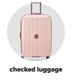 A rolling luggage piece in pink. Checked luggage.
