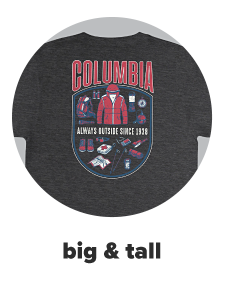 A Columbia tee shirt with an assortment of outerwear and hiking essentials. It says Columbia, always outside since 1938. 